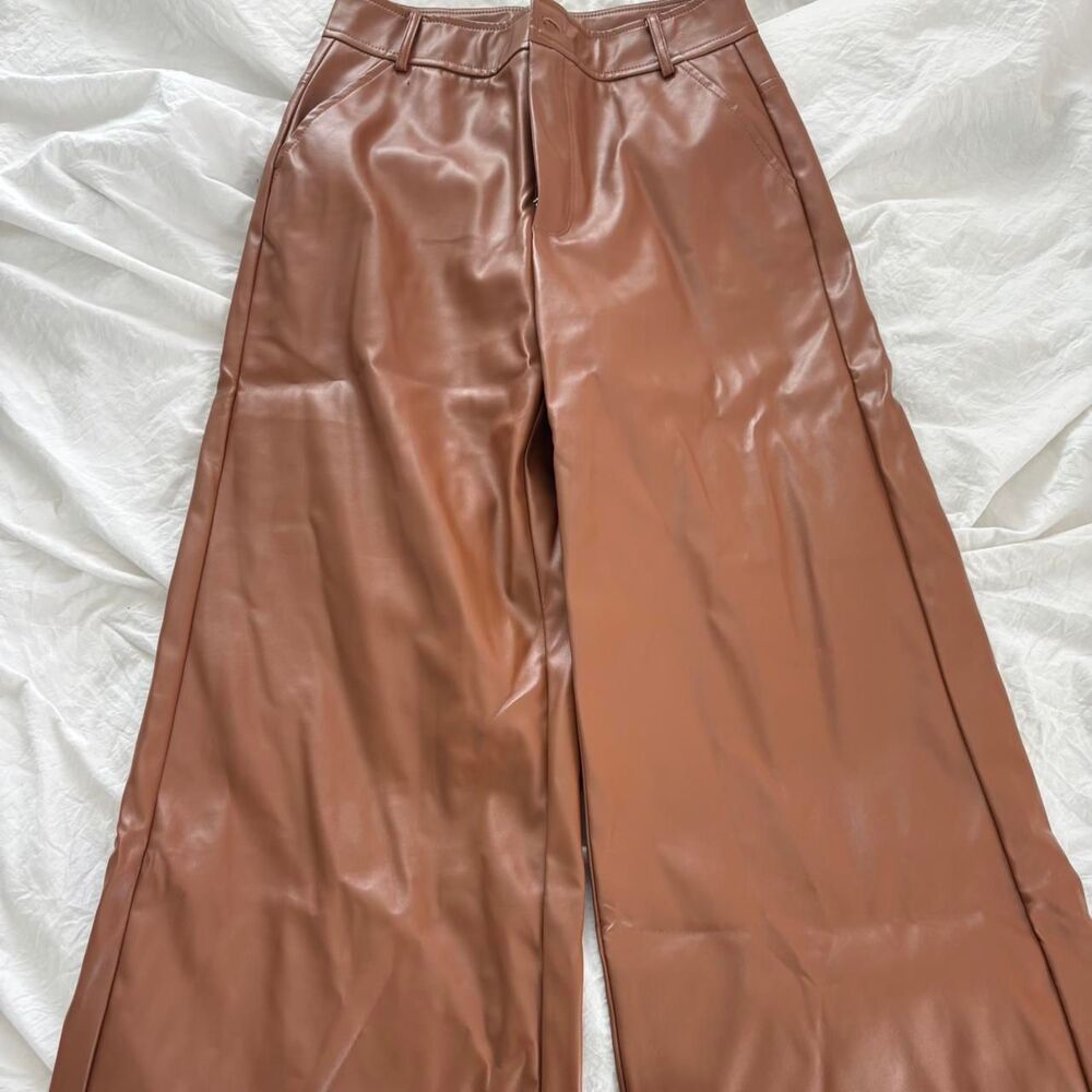 JODIFL Faux Leather Women's Brown Pants Jeans Buttoned Wide Leg Business Trouser